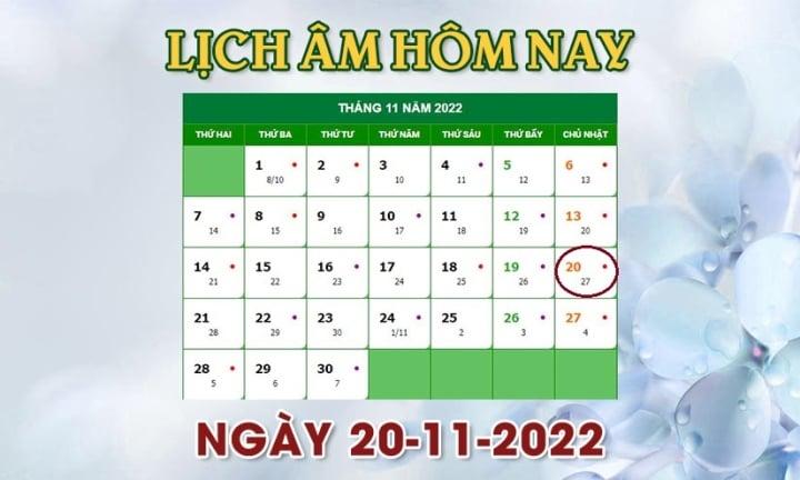 Lịch âm 20/11 - Tra cứu lịch âm hôm nay Chủ nhật ngày 20/11/2022