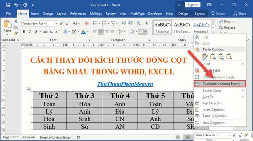 Cách điều chỉnh kích thước dòng, cột, ô đồng đều trong Word và Excel