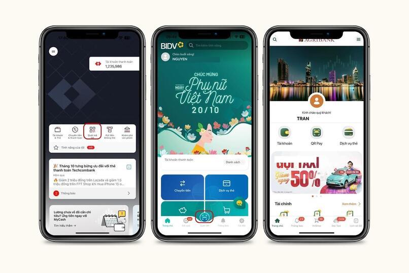 Tính năng quét QR tại trang chủ xuất hiện trên hầu hết các ngân hàng số.