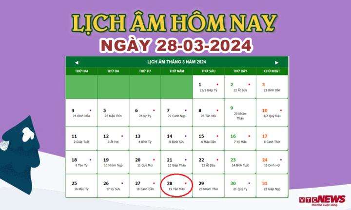 Lịch âm 28/3 - Âm lịch hôm nay 28/3 chính xác nhất - lịch vạn niên 28/3/2024