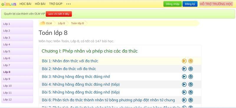 olm.vn - Học Toán lớp 8 trên mạng miễn phí