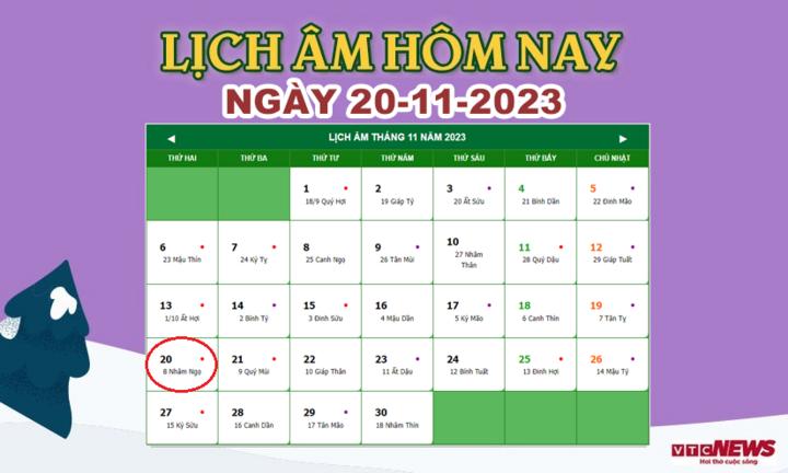 Lịch âm 20/11 - Âm lịch hôm nay 20/11 chính xác nhất - lịch vạn niên 20/11/2023