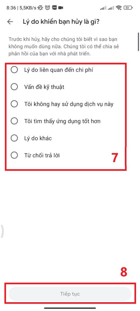 Chọn Hủy Gói Thành Viên Và Nhấn Tiếp