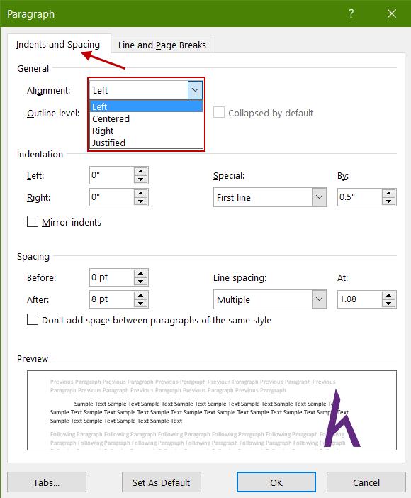 Thao tác với chức năng căn lề trong hộp thoại Paragraph Settings