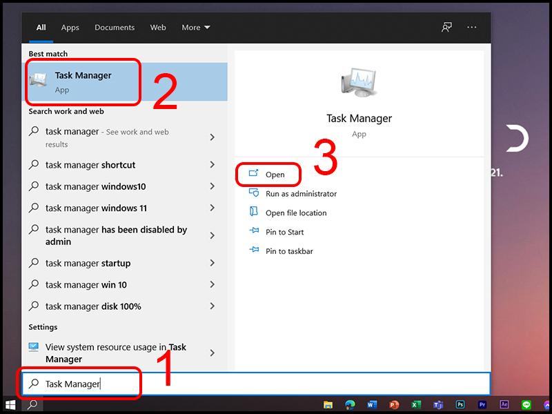 Mở Task Manager trong thanh tìm kiếm