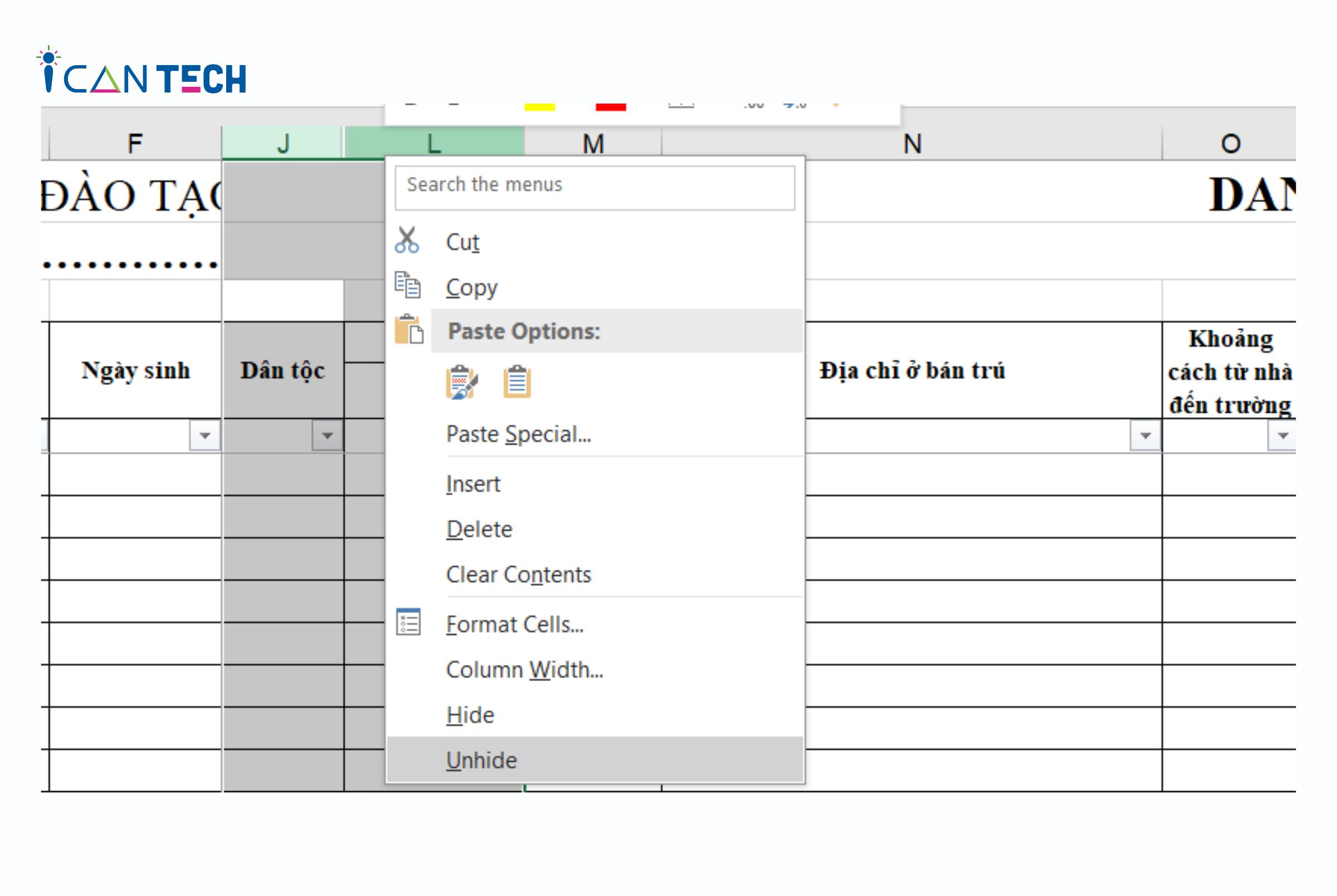 Cách bỏ ẩn cột bằng Unhide trong Excel