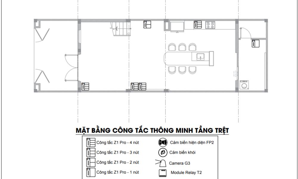 Mặt bằng công tắc thông minh tầng trệt - Bản vẽ thiết kế hệ thống nhà thông minh