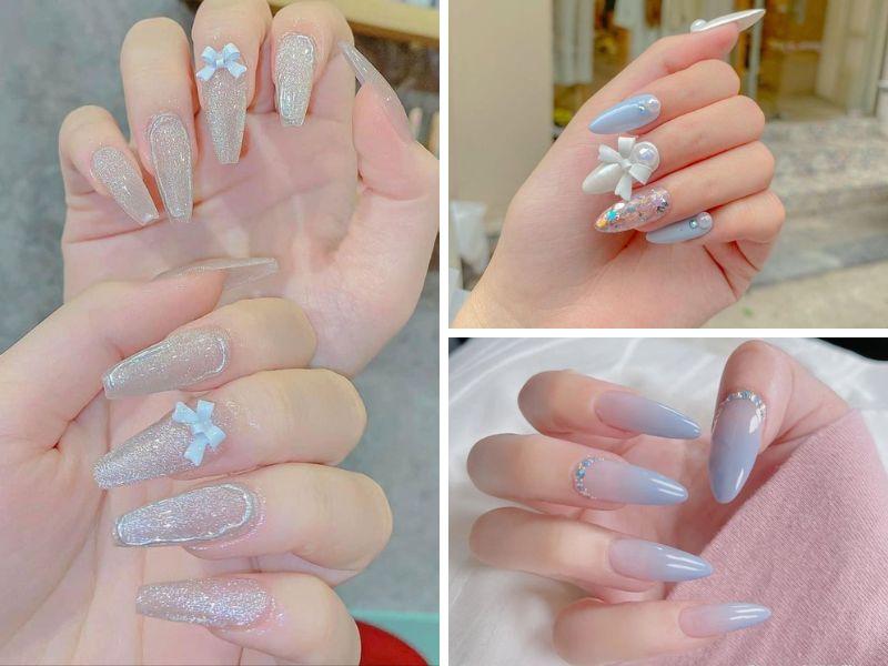 Mẫu nail đi đám cưới màu trắng sơn kim tuyến và đính charm gấu dễ thương