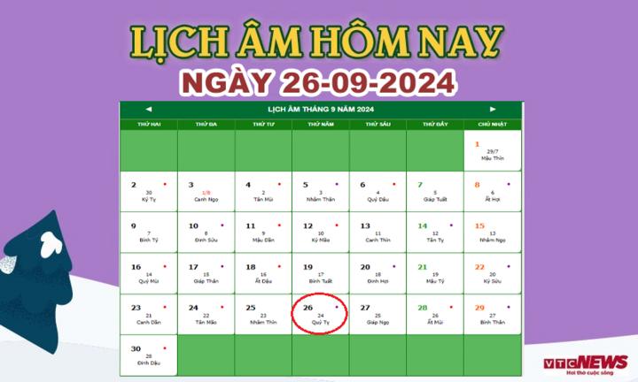 Xem lịch âm hôm nay ngày 26/9/2024.