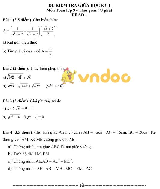 Bộ đề kiểm tra giữa học kì 1 môn Toán lớp 9 năm 2017