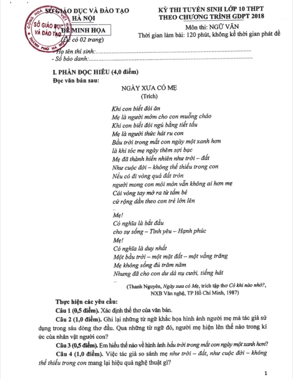 Gợi ý đáp án môn ngữ văn đề minh họa thi vào lớp 10 của Hà Nội