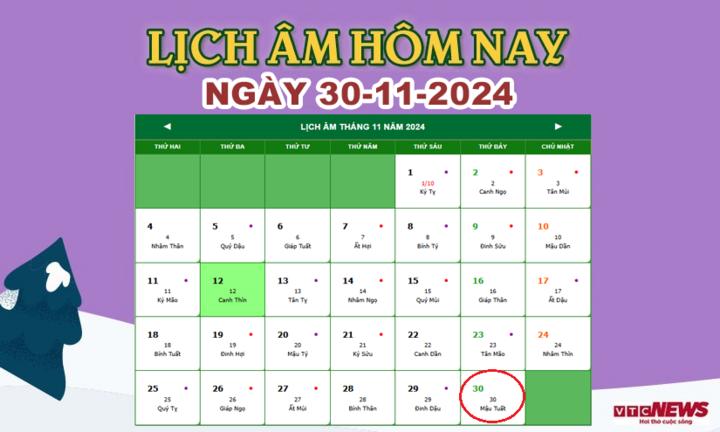 Xem lịch âm hôm nay ngày 30/11/2024.