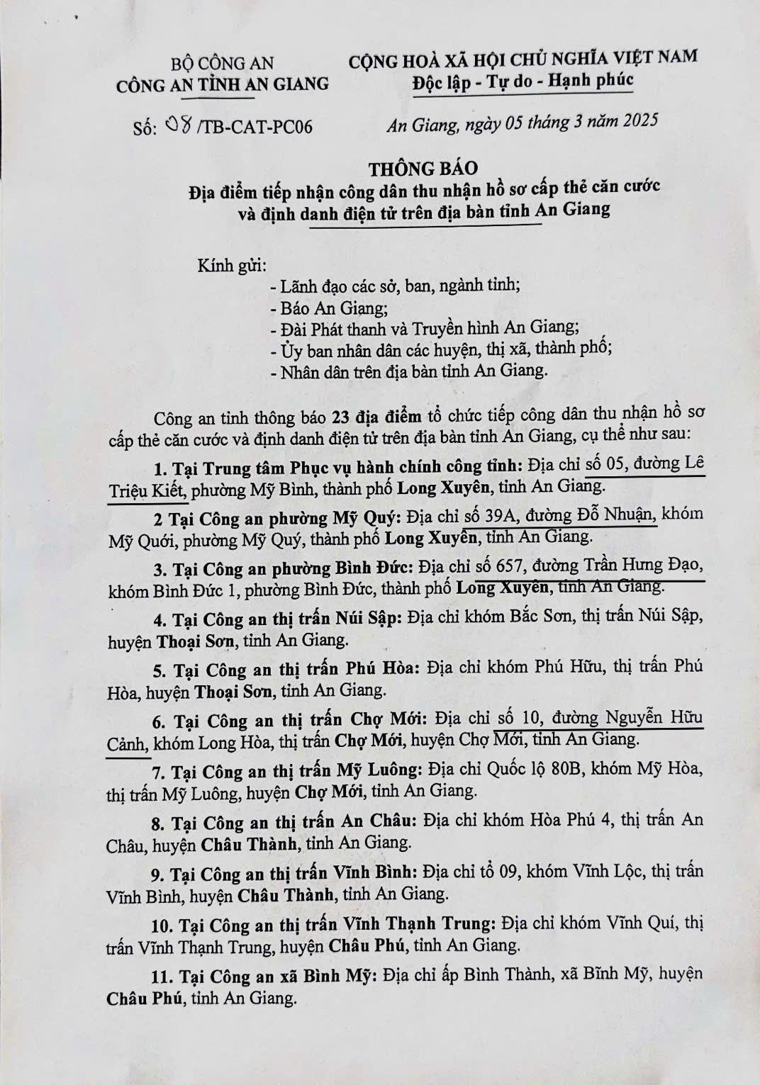 Công an tỉnh An Giang thông báo 23 địa điểm tổ chức tiếp công dân thu nhận hồ sơ cấp thẻ căn cước trên địa bàn tỉnh