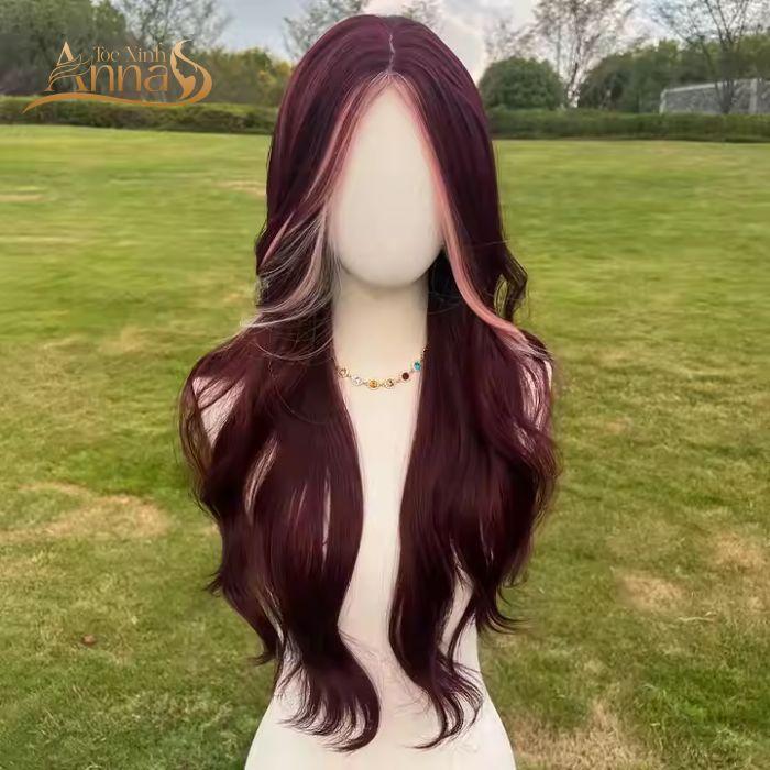 Bộ tóc giả nguyên đầu màu đỏ rượu vang ẩn highlight hồng làm từ tóc thật