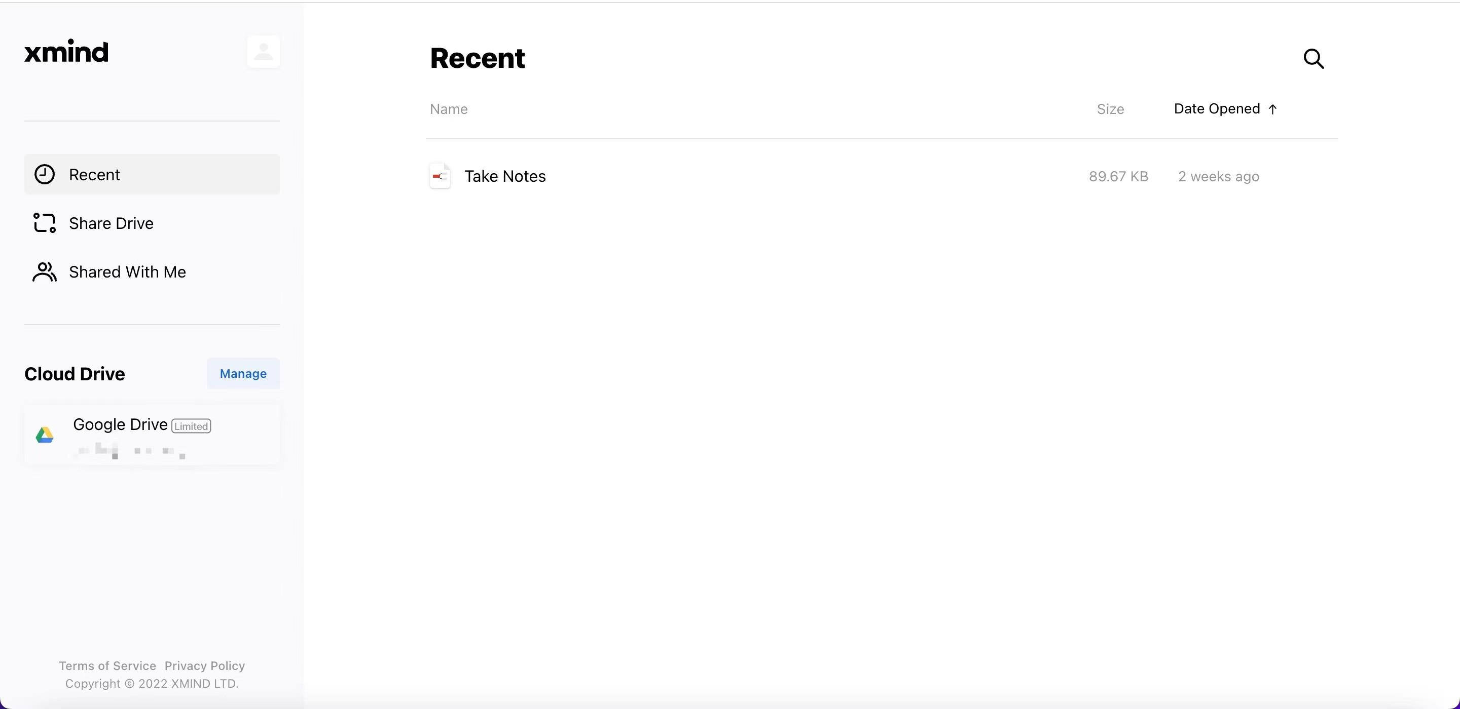 Xmind interface showing recent files with a single document titled