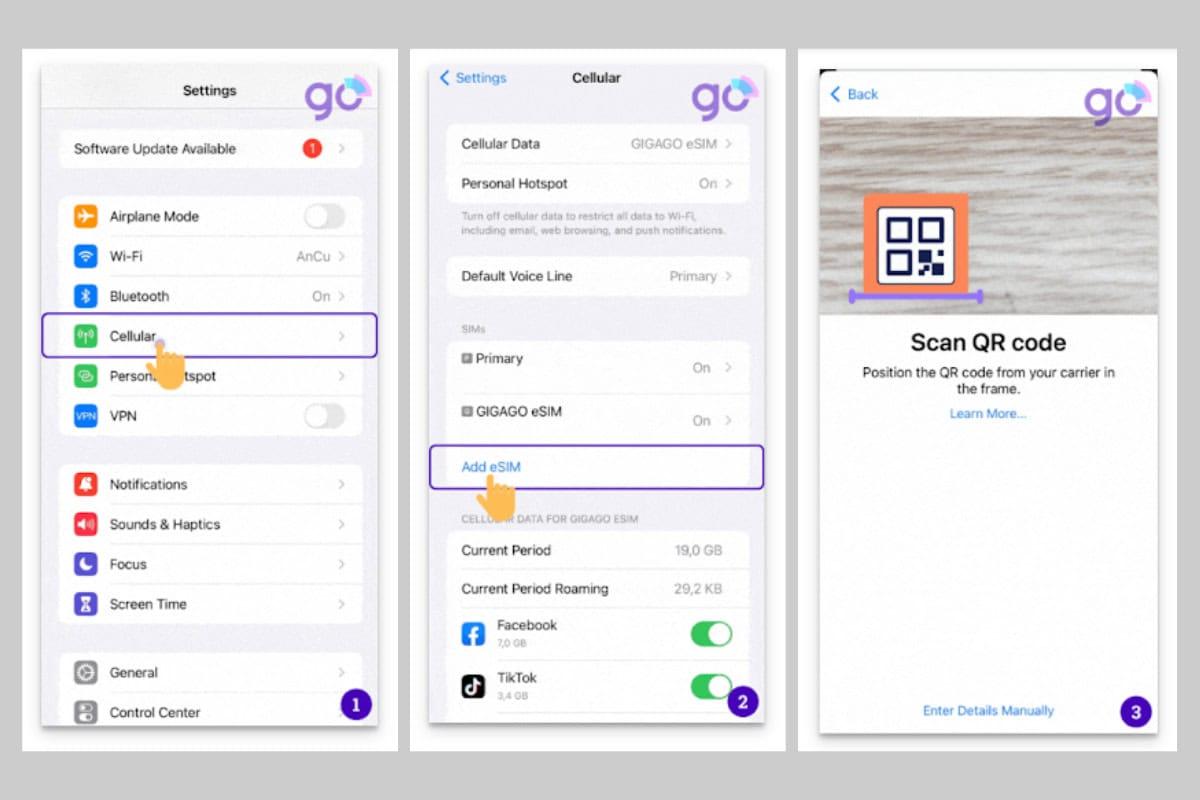 Các bước cài đặt eSIM trên iPhone bước 1 2 3