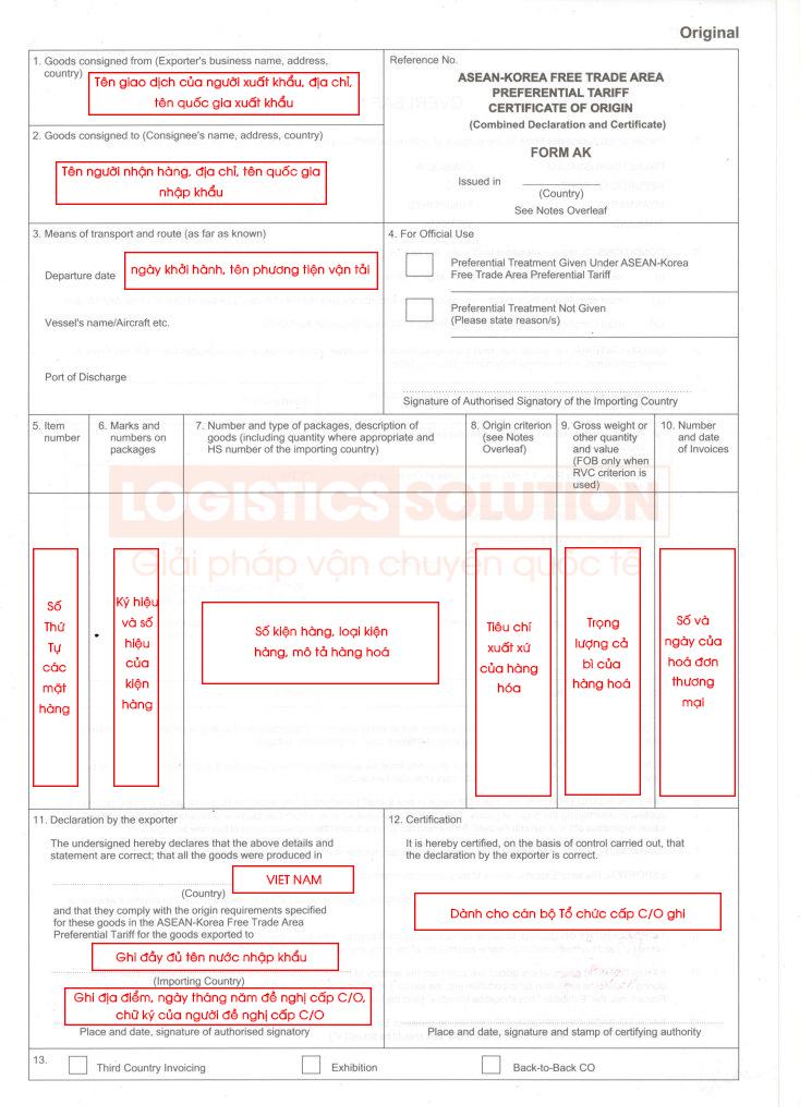 Hướng dẫn kê khai C/O form VK/AK