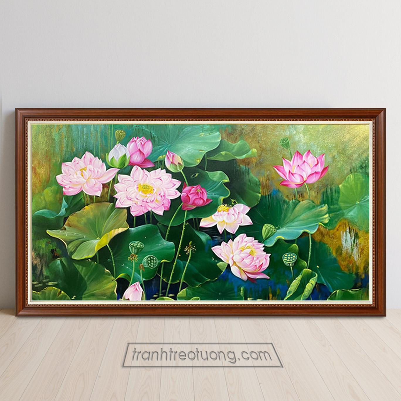 Mẫu tranh đầm hoa sen đẹp vẽ sơn dầu THS664